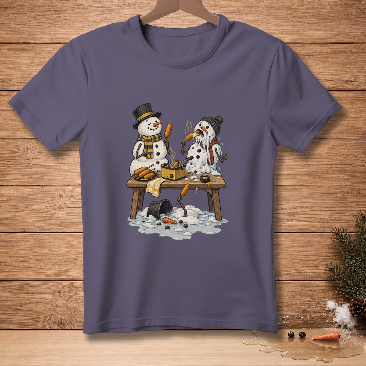 Two melting snowmen making corn dogs on a table with a fryer.