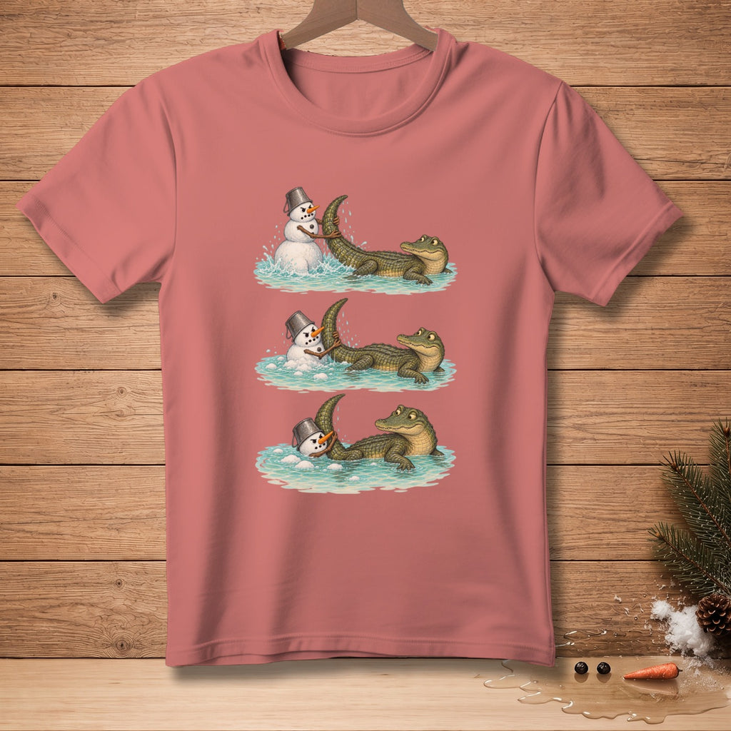 T-shirt with a cartoon illustration of a snowman and alligator playing in water.