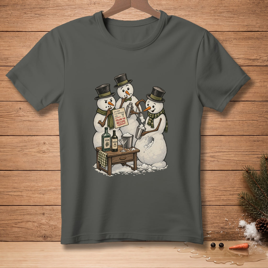 Three snowmen with top hats mix a drink, reading a recipe that says "Follow the recipe."