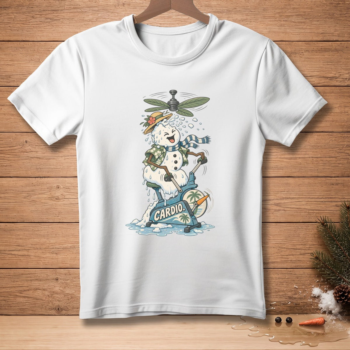Cartoon snowman melting while riding exercise bike with "CARDIO" text.