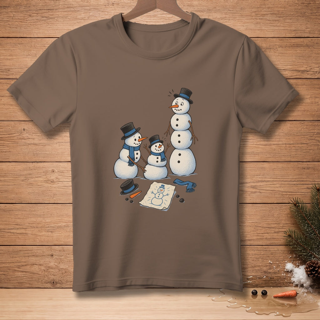 Three snowmen and a drawing of a snowman with a hat and scarf.
