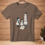 Three snowmen and a drawing of a snowman with a hat and scarf.