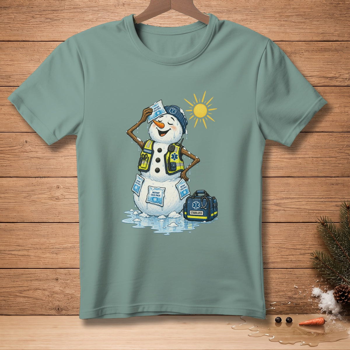 Melting snowman paramedic with cold packs, sun, and medical bag.