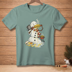 Snowman eating corn on the cob with "BUTTER ME UP" text, on a t-shirt.