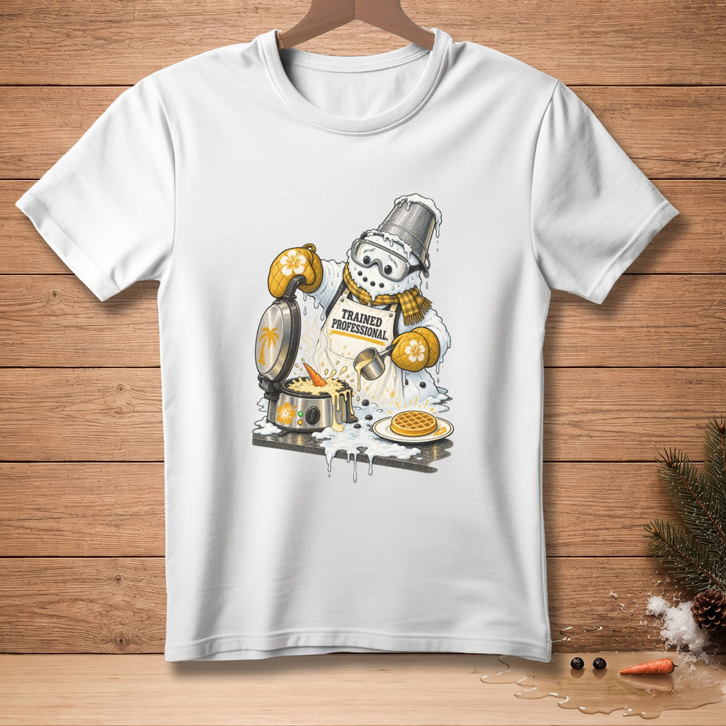 Snowman wearing apron and bucket hat making waffles, text "TRAINED PROFESSIONAL".