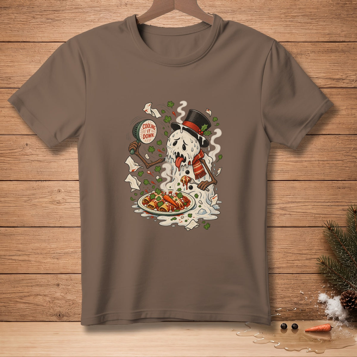 Melting snowman with a plate of enchiladas and a "Cooling It Down" sign.
