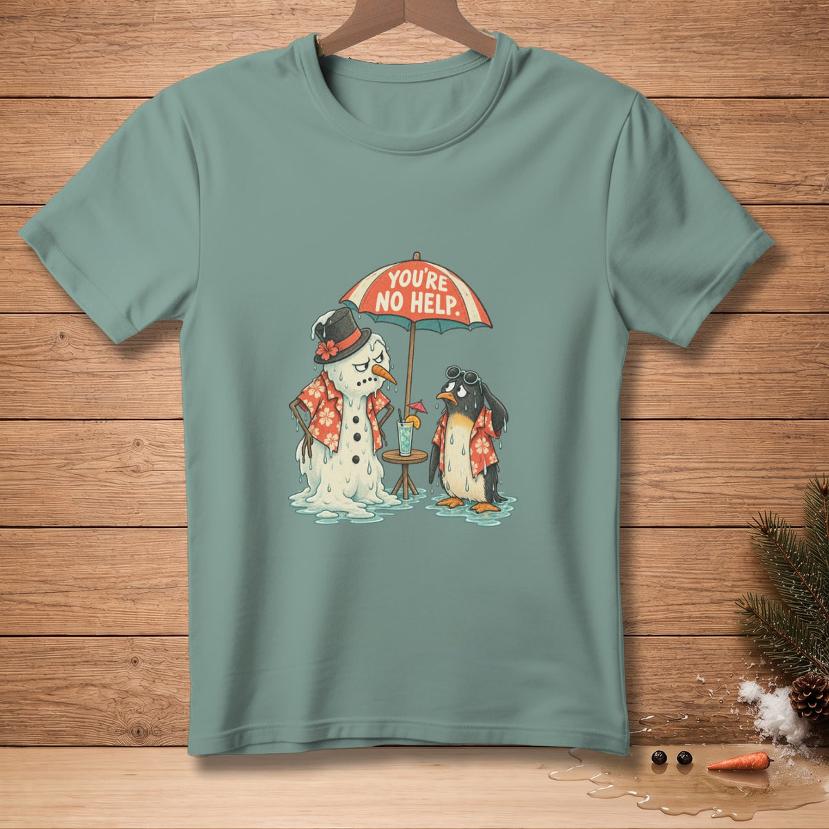 Melting snowman and penguin under umbrella with text "YOU'RE NO HELP."