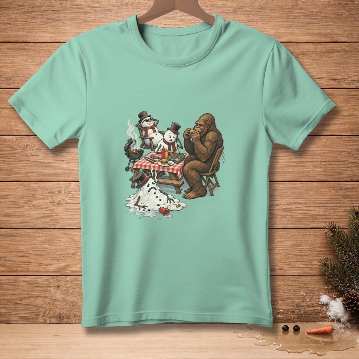 Bigfoot and snowmen at a picnic with a melting snowman and burgers.