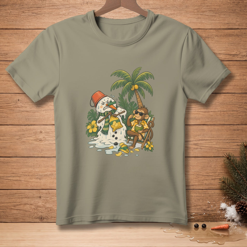 Cartoon monkey in sunglasses drinks coconut next to melting snowman with orange carrot nose.