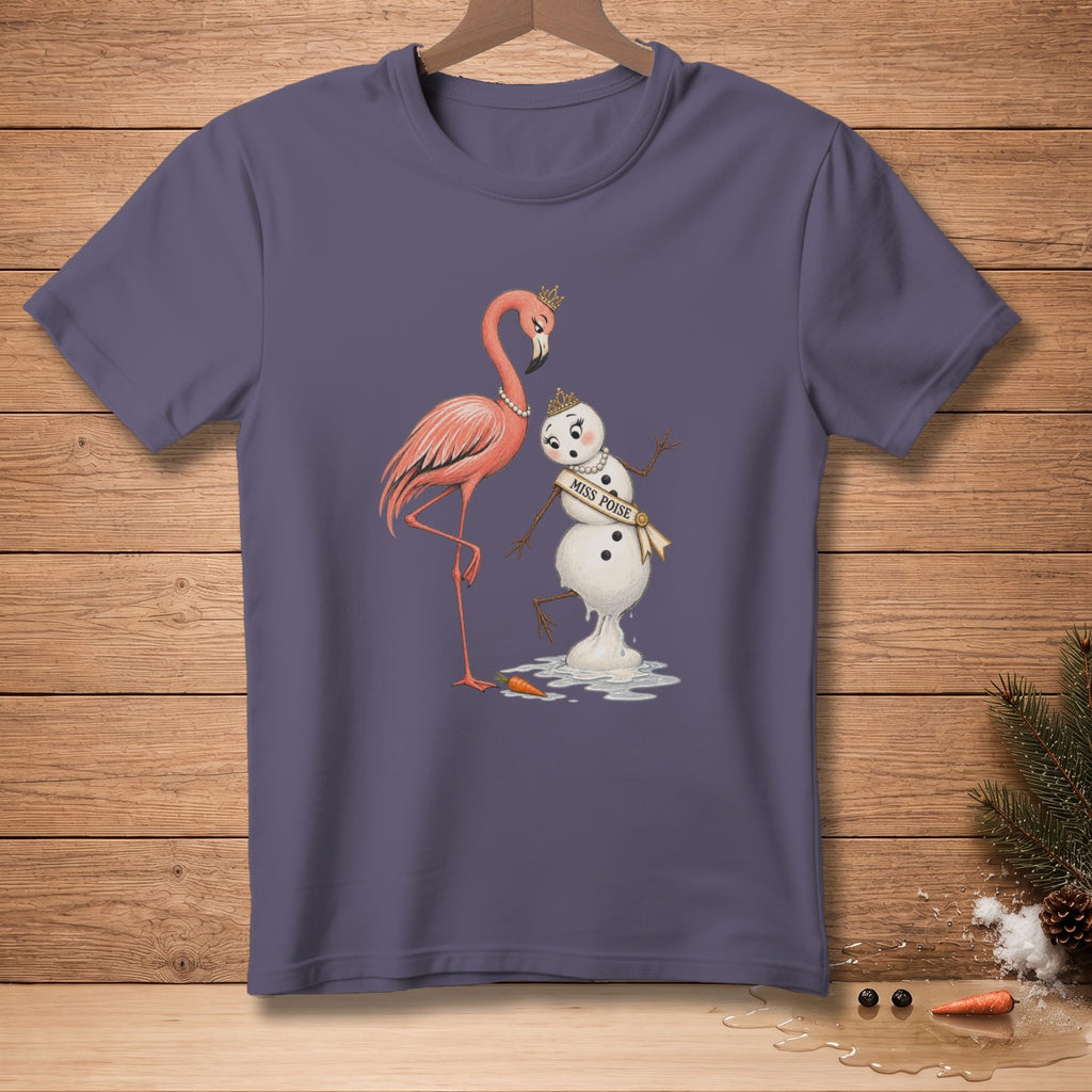 Flamingo and melting snowman with "Miss Poise" sash on purple t-shirt.
