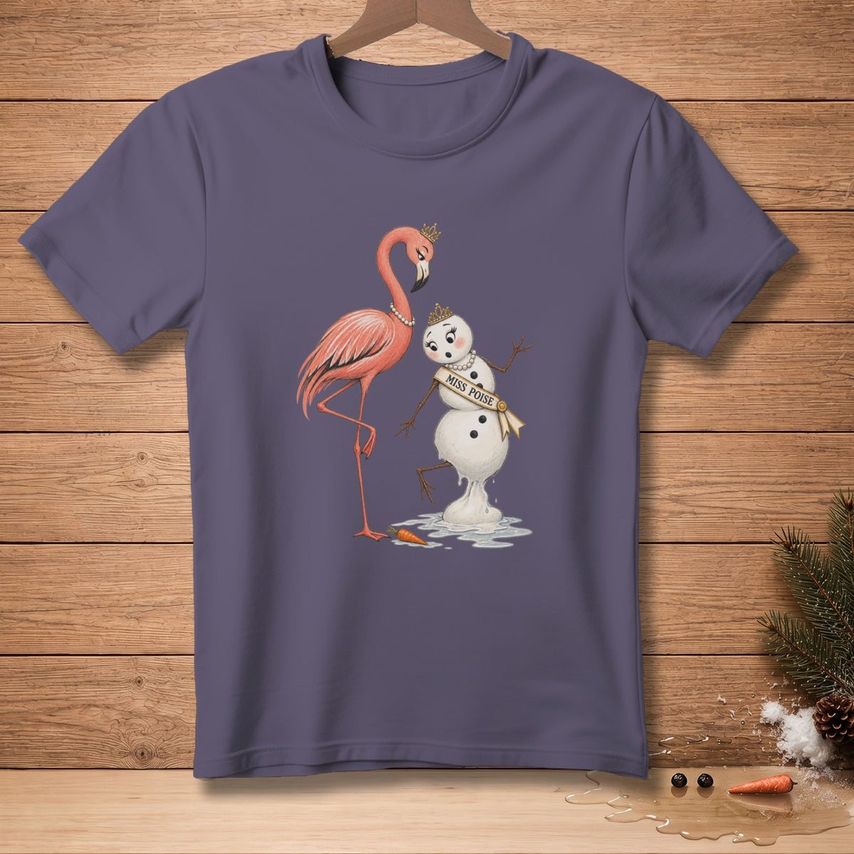 Flamingo and melting snowman with "Miss Poise" sash on purple t-shirt.