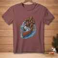 Bigfoot in a canoe pours water on a melting snowman.