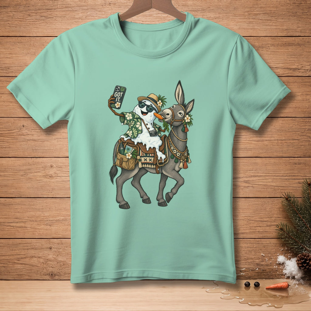 Snowman wearing sunglasses and Hawaiian shirt riding a donkey, taking a selfie.