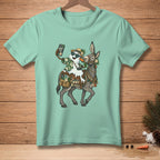 Snowman wearing sunglasses and Hawaiian shirt riding a donkey, taking a selfie.
