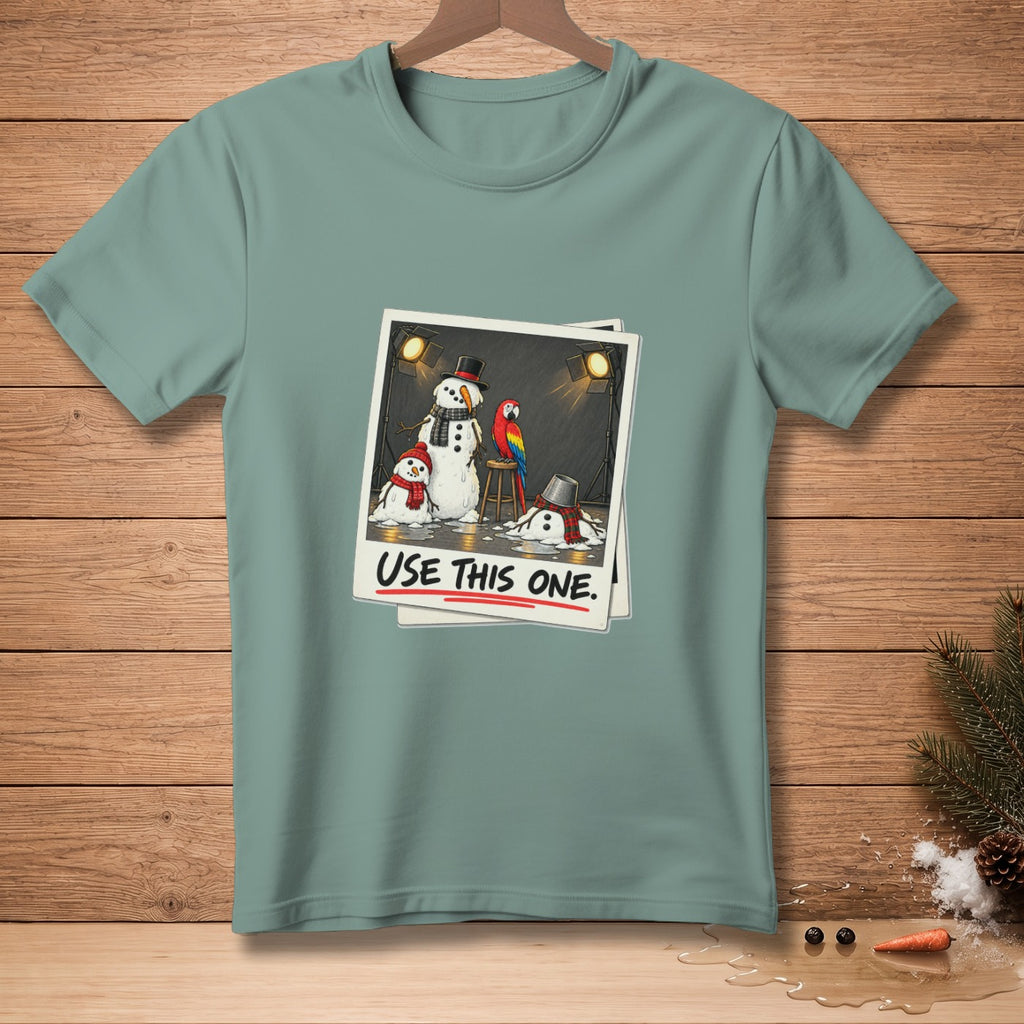 Snowmen with a parrot are featured on a photo with text "USE THIS ONE."