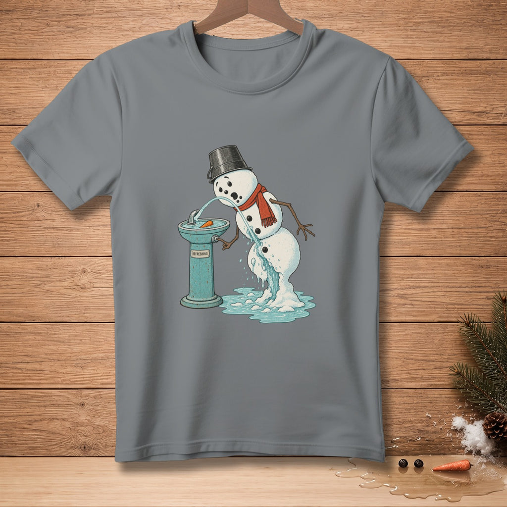 Melting snowman drinks from a fountain labeled "Refreshing" on a grey t-shirt.