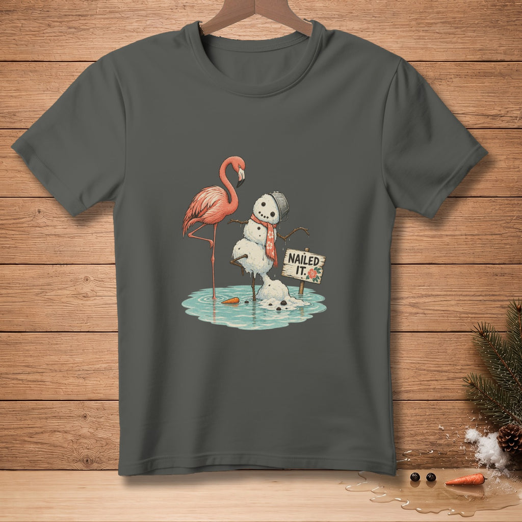 Flamingo and melting snowman with "NAILED IT." sign on dark gray t-shirt.