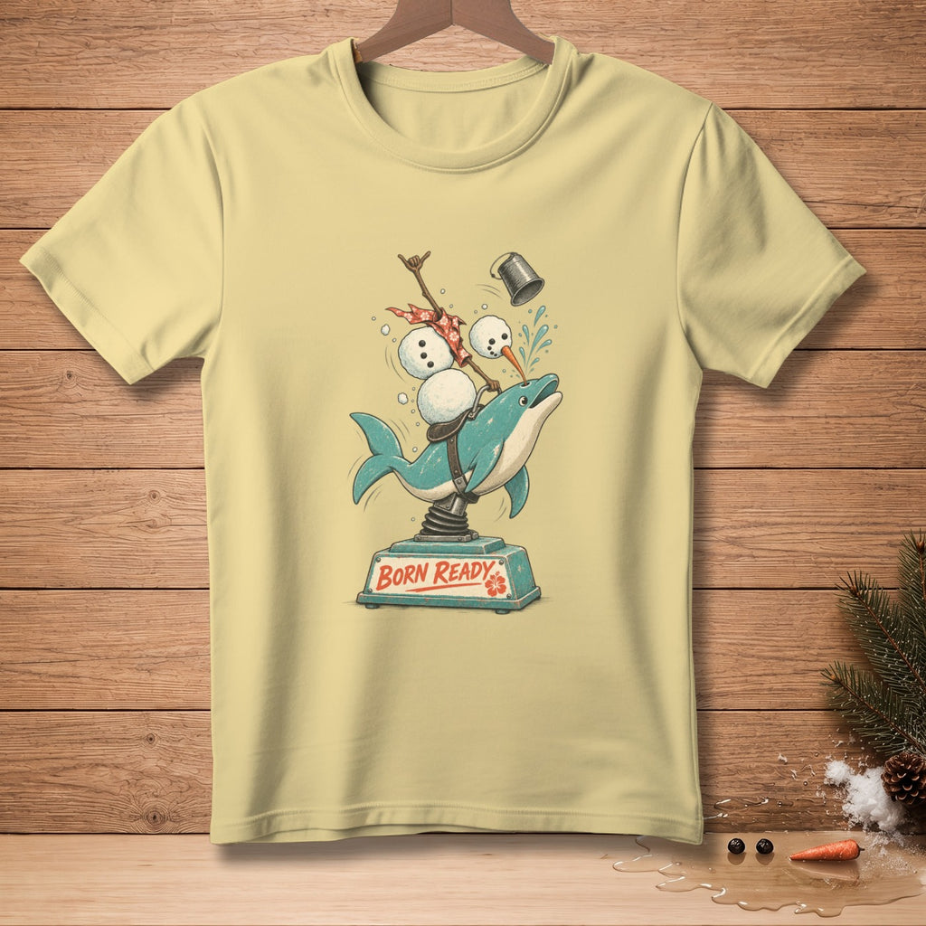Dolphin ride with snowmen and "BORN READY" text on a light yellow t-shirt.