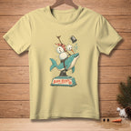 Dolphin ride with snowmen and "BORN READY" text on a light yellow t-shirt.