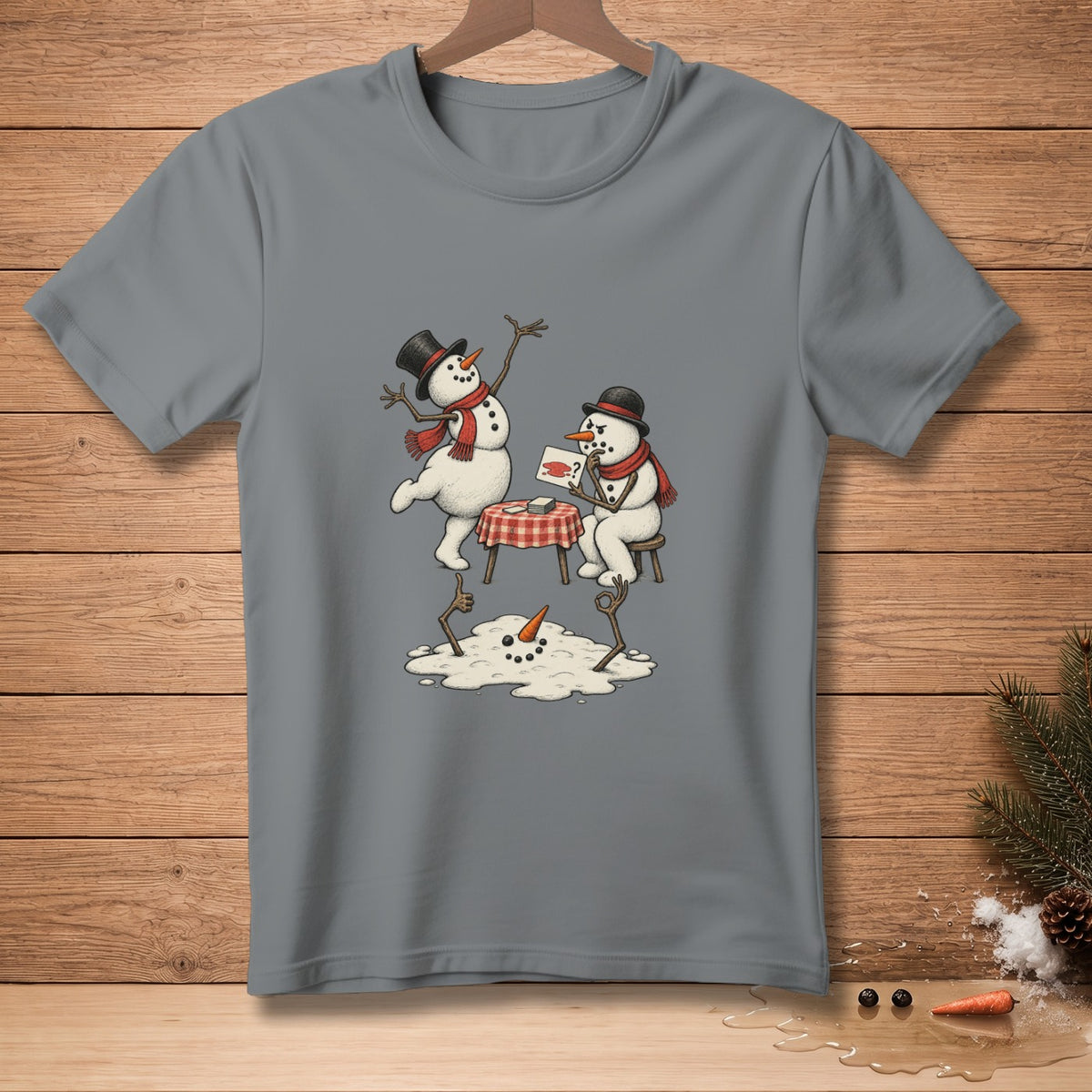 Two snowmen in hats and scarves play cards on a melting snowman.