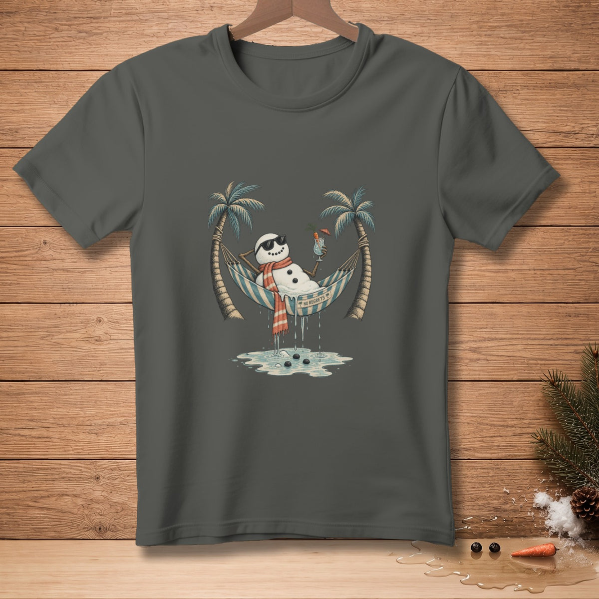 Snowman in hammock with cocktail, palm trees, and "No Regrets" text.