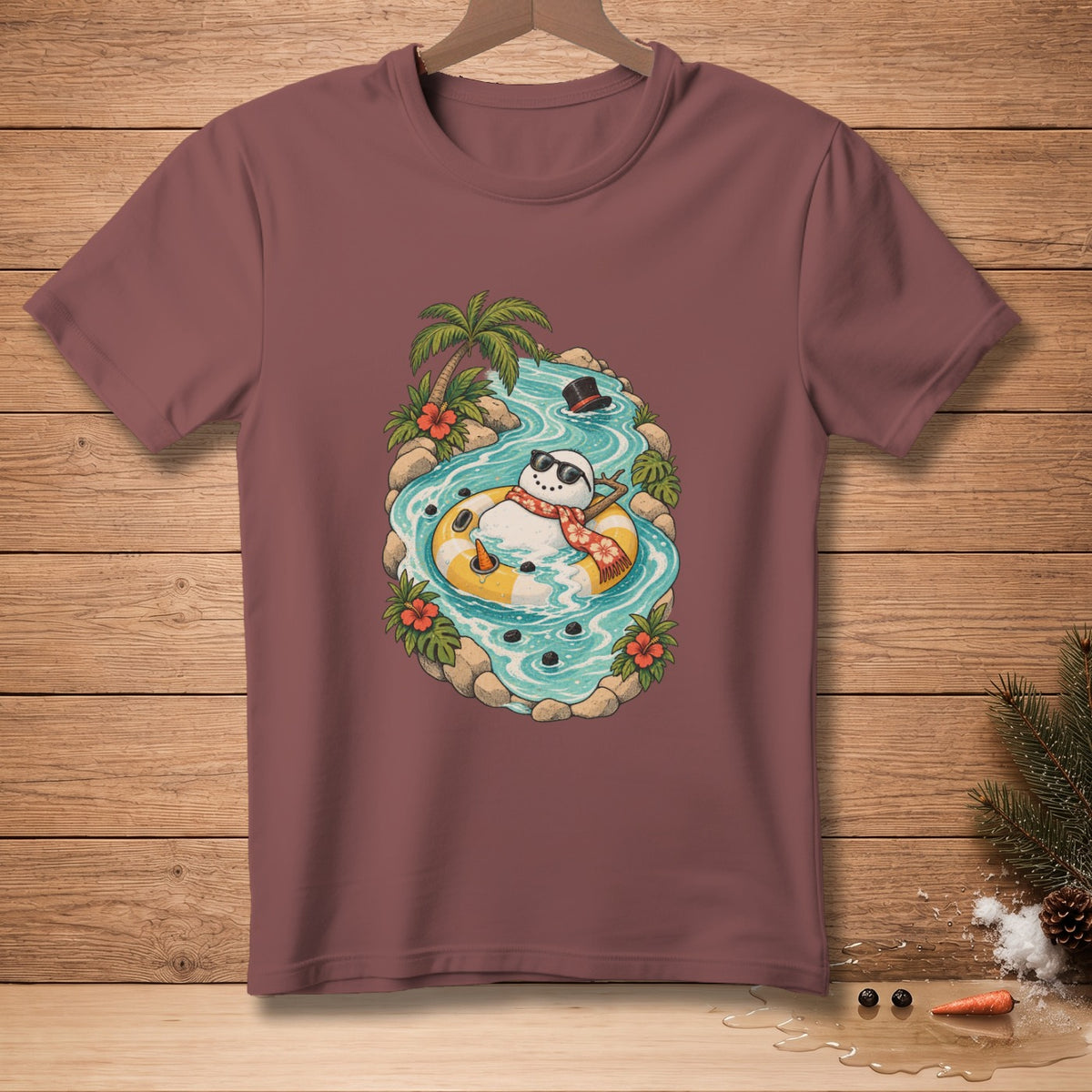 Snowman with sunglasses and scarf floats in a tropical river on a yellow tube.