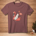 Cartoon snowman on flamingo float with flamingo, t-shirt design.