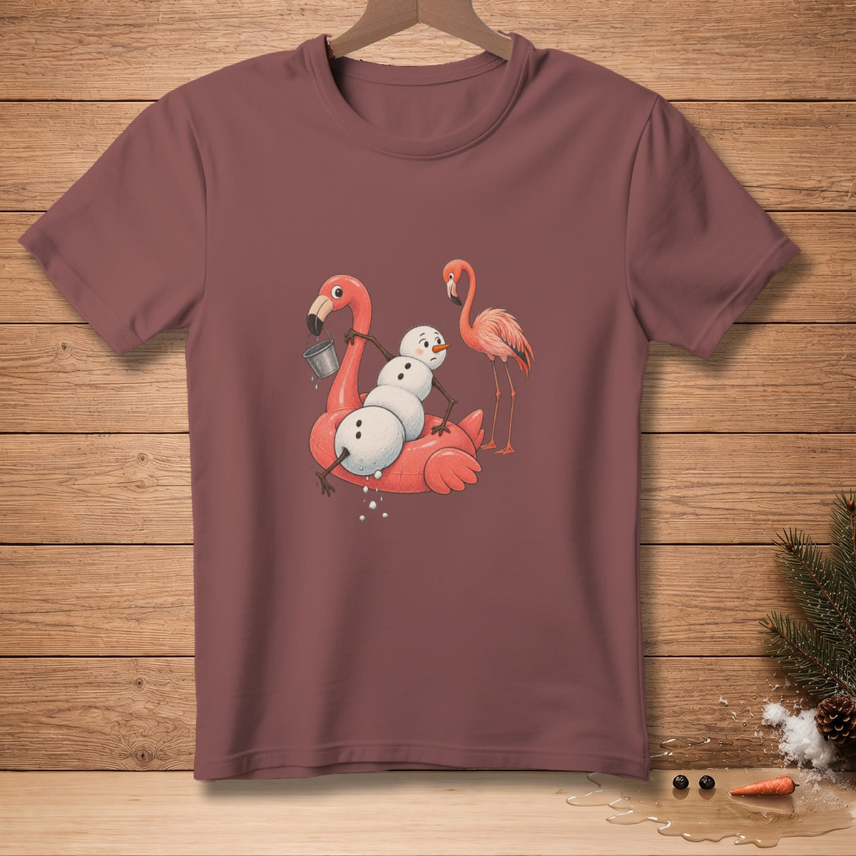 Cartoon snowman on flamingo float with flamingo, t-shirt design.