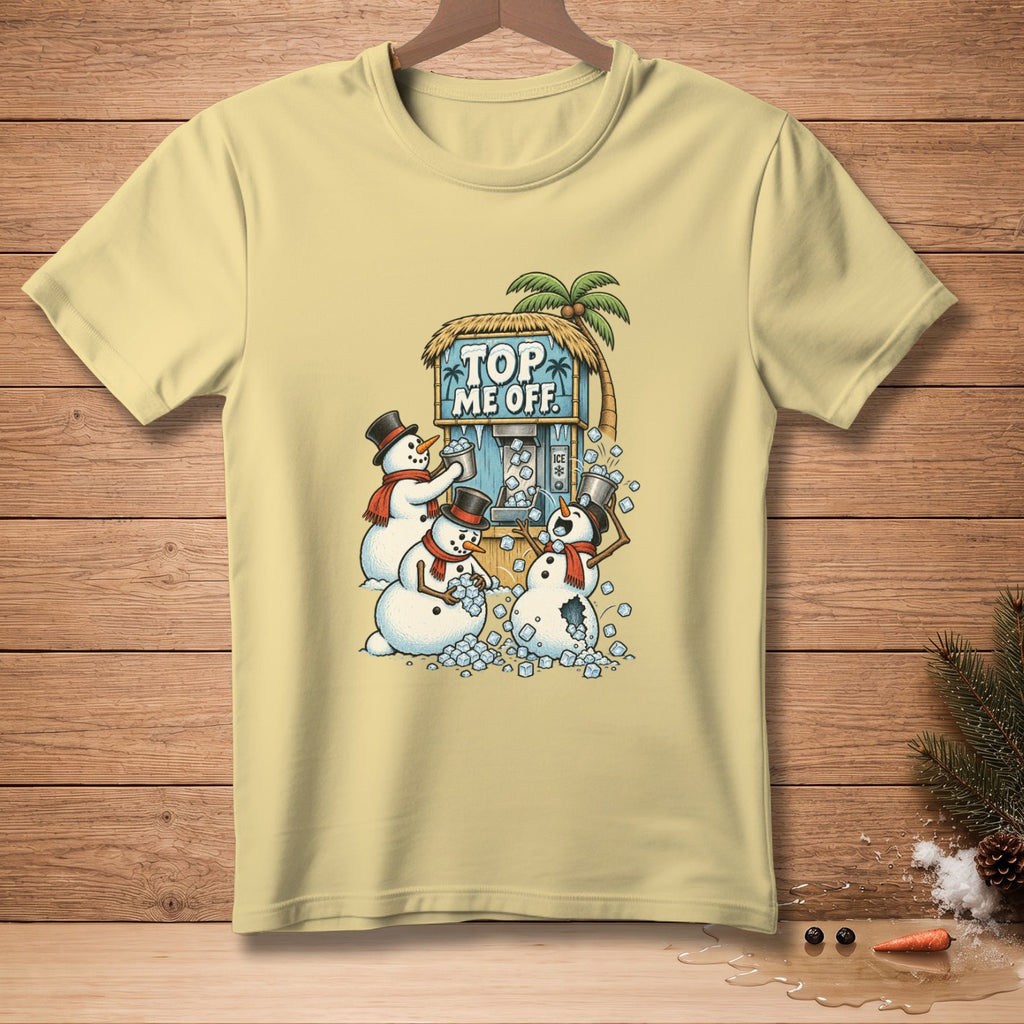 Snowmen with top hats and scarves get ice from a stand with "TOP ME OFF" text.