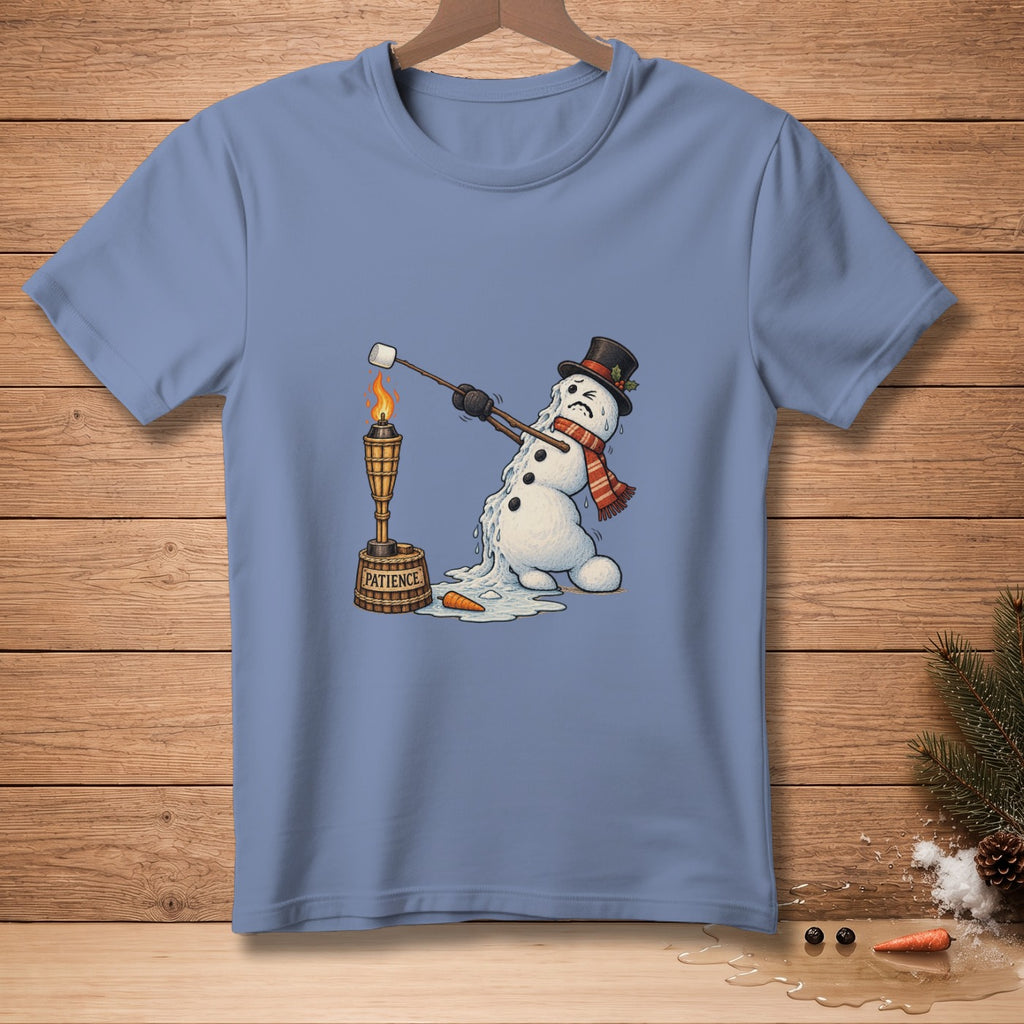 Melting snowman with marshmallow roasting over a torch labeled "PATIENCE."
