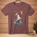 Snowman surfing on a wave holding a drink that says "Save the Drink".