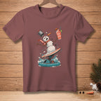 Snowman surfing on a wave holding a drink that says "Save the Drink".