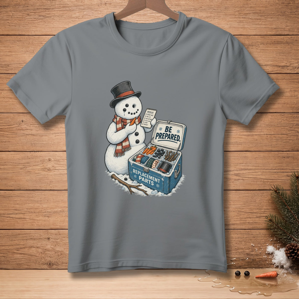 Snowman with top hat holding checklist and carrots, next to a toolbox labeled "Replacement Parts."