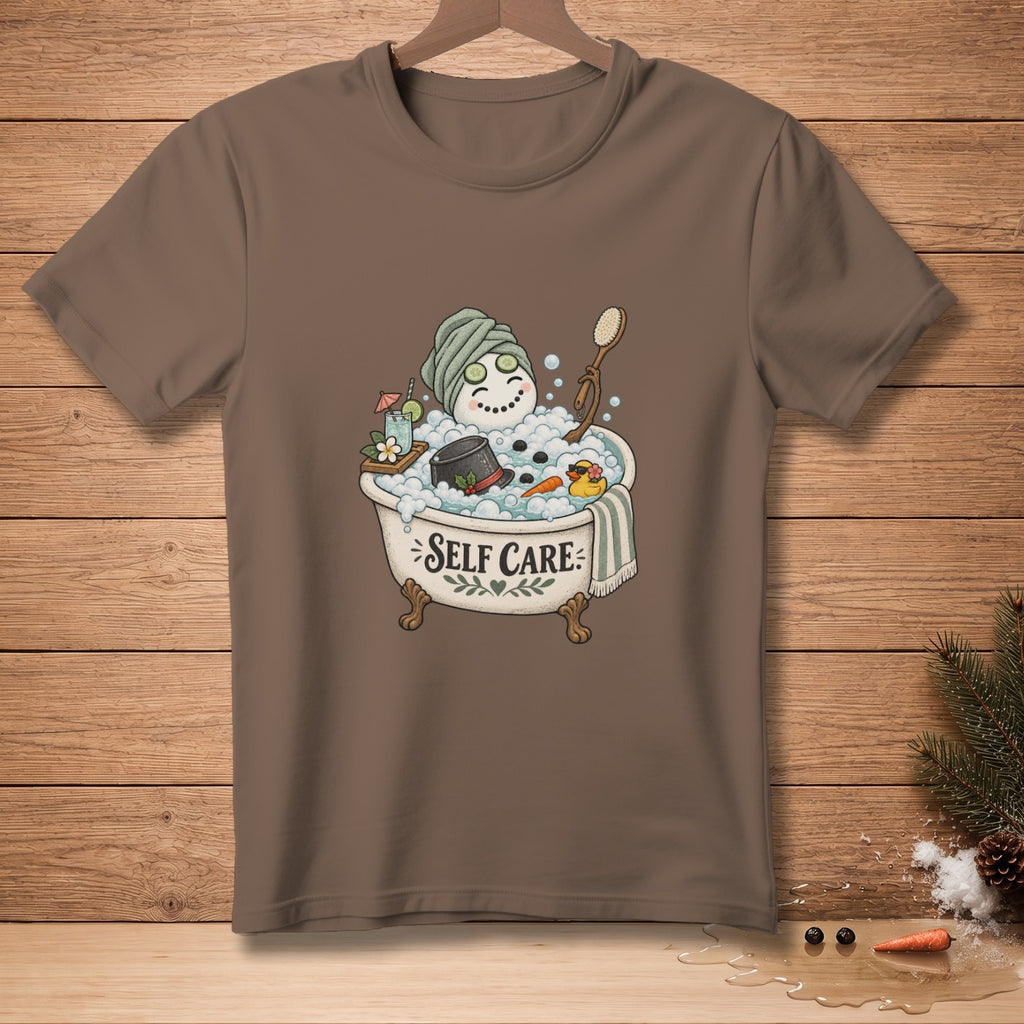 Snowman in bathtub with cucumbers on eyes, turban, and bubbles, reads "Self Care".