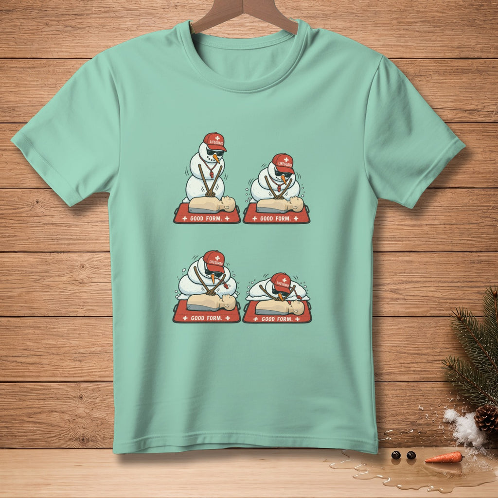 Four cartoon snowmen wearing lifeguard hats practice CPR on a CPR dummy.