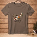 Brown t-shirt with melting snowmen around a campfire, text reads "WORTH IT."
