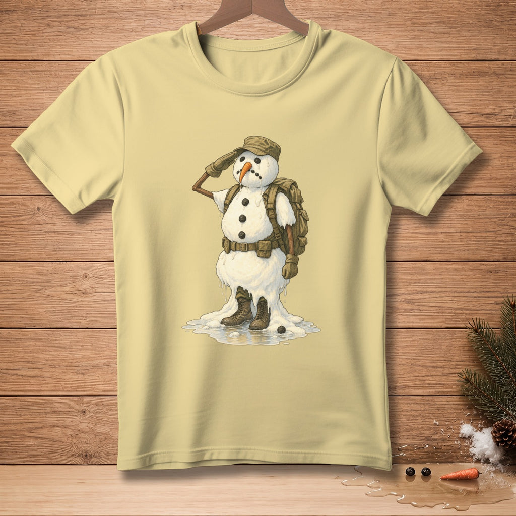 T-shirt with a melting snowman in military gear saluting.