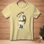 T-shirt with a melting snowman in military gear saluting.