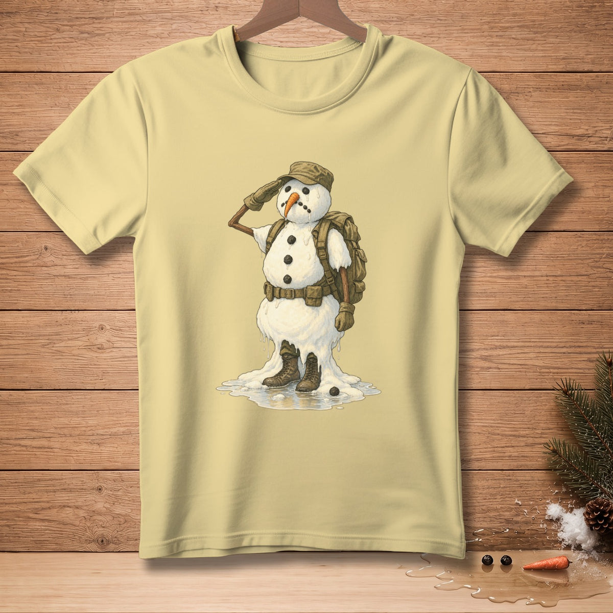 T-shirt with a melting snowman in military gear saluting.