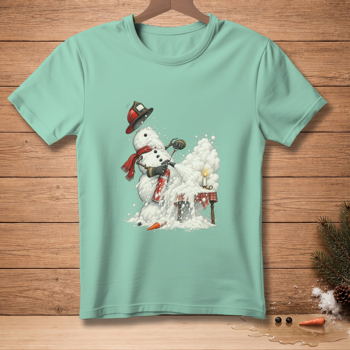 Snowman in a red scarf and firefighter's helmet spraying foam, with a candle and carrot.