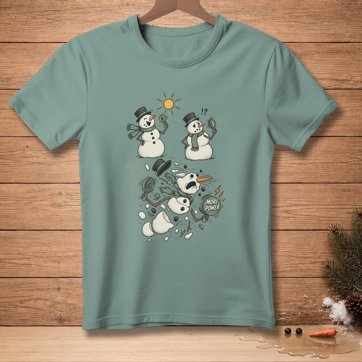 Cartoon snowmen under sun, one melting and breaking apart with "MORE POWER" text.