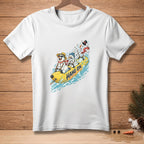 Two snowmen ride a yellow tube with text "Hang On."