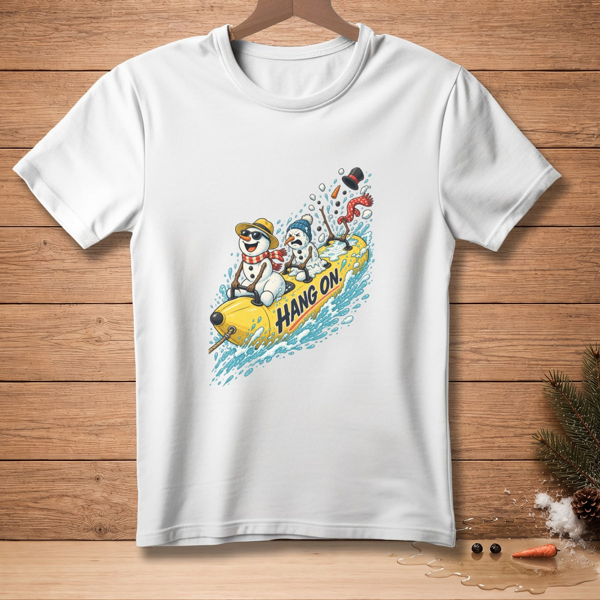 Two snowmen ride a yellow tube with text "Hang On."