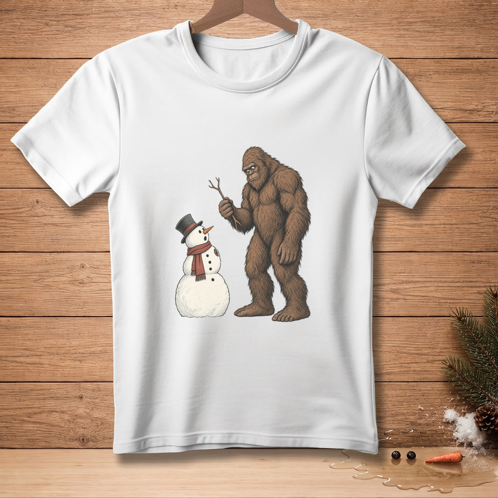 Bigfoot holding a stick near a snowman wearing a hat and scarf.