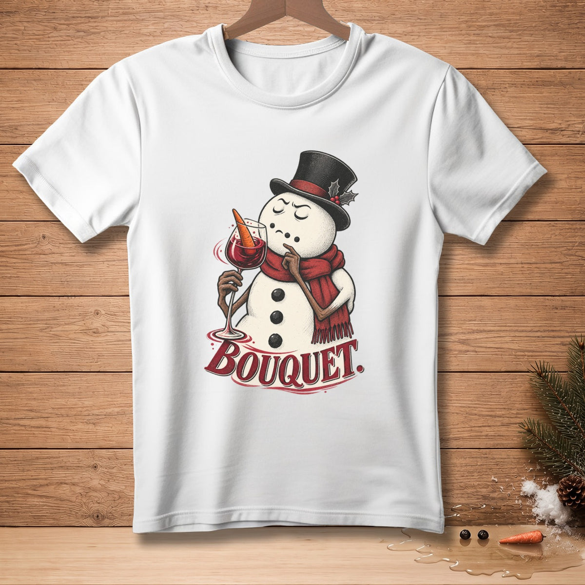 Snowman in a top hat and scarf holds wine glass with text "BOUQUET."
