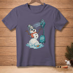 Melting snowman with sunglasses cools off with a fan that says "Game Changer."
