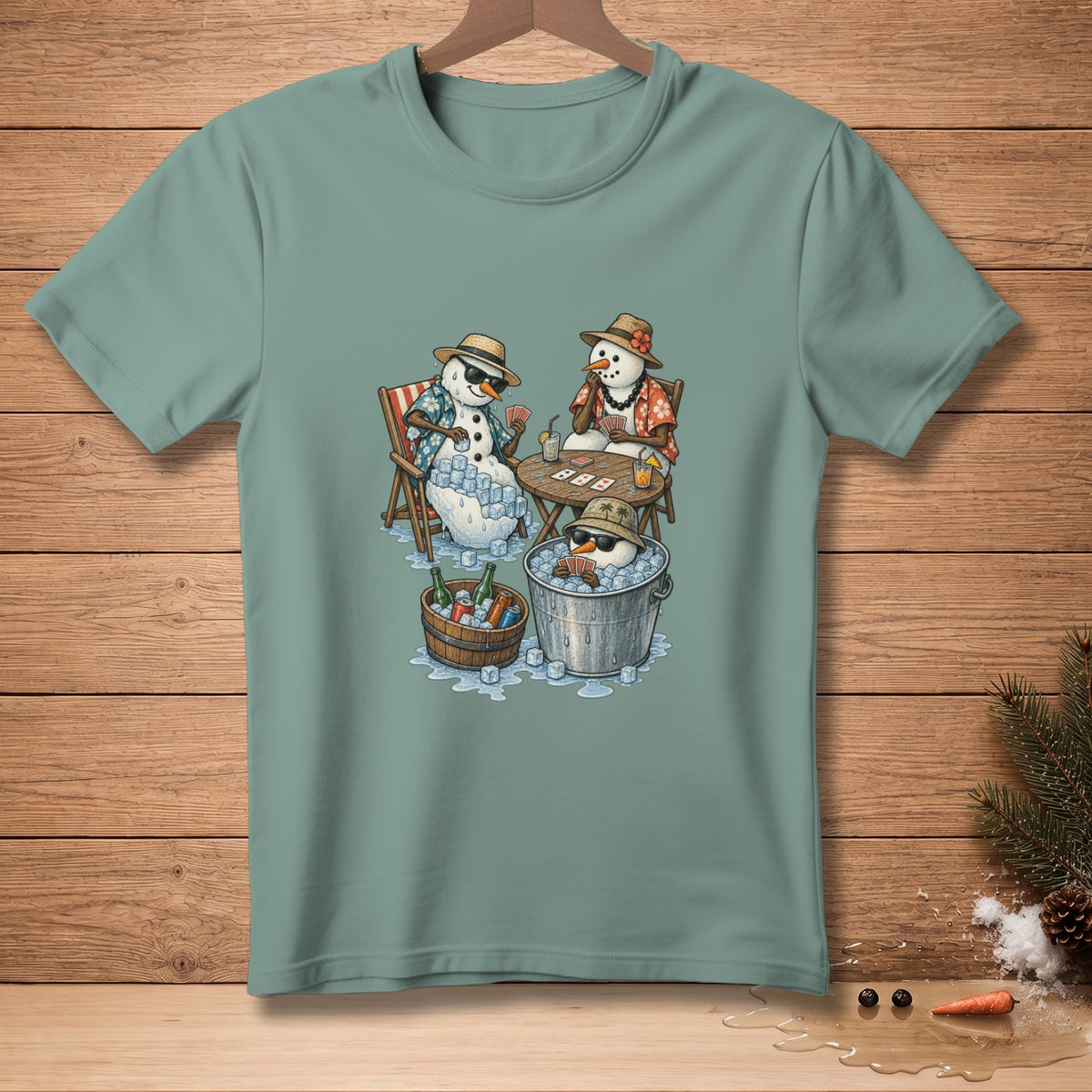 Snowmen playing cards and drinking by an ice bucket with bottles.