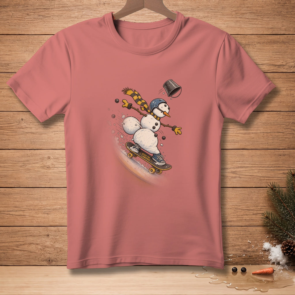 Snowman wearing scarf and helmet, skateboarding with text "Stick the Landing".