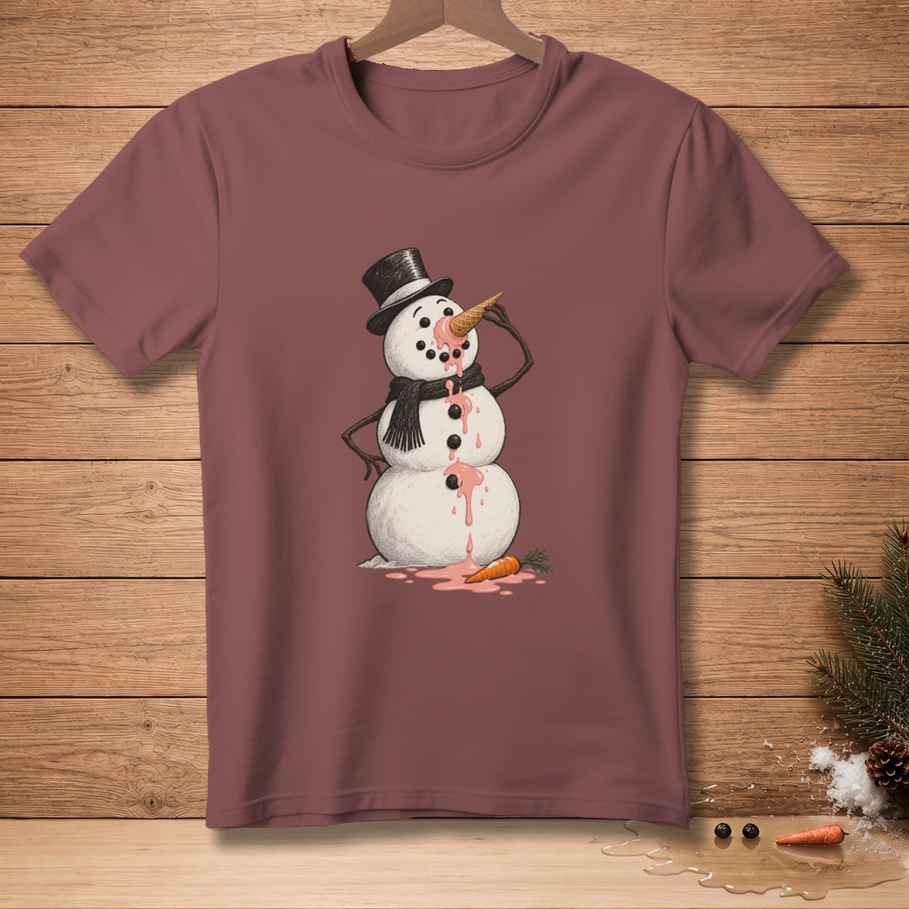 T-shirt with melting snowman eating ice cream cone, wearing top hat and scarf.