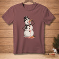 T-shirt with melting snowman eating ice cream cone, wearing top hat and scarf.